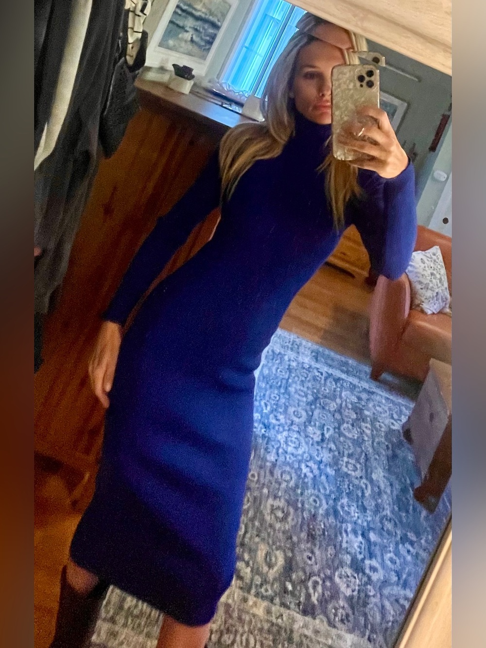 Classic Long Sleeve Turtleneck Knit Dress in Deep Navy